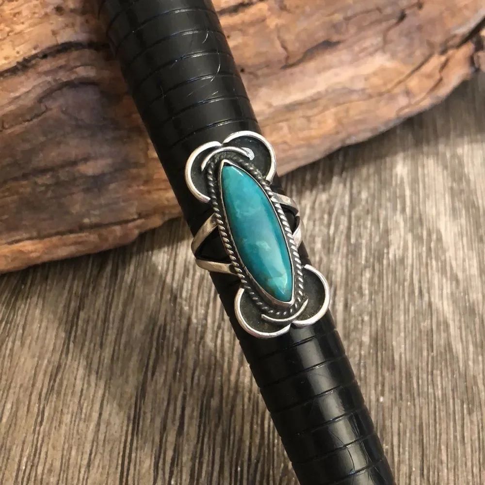 Vintage Marquise Shaped Turquoise Sterling Silver Ring Approx Size 9